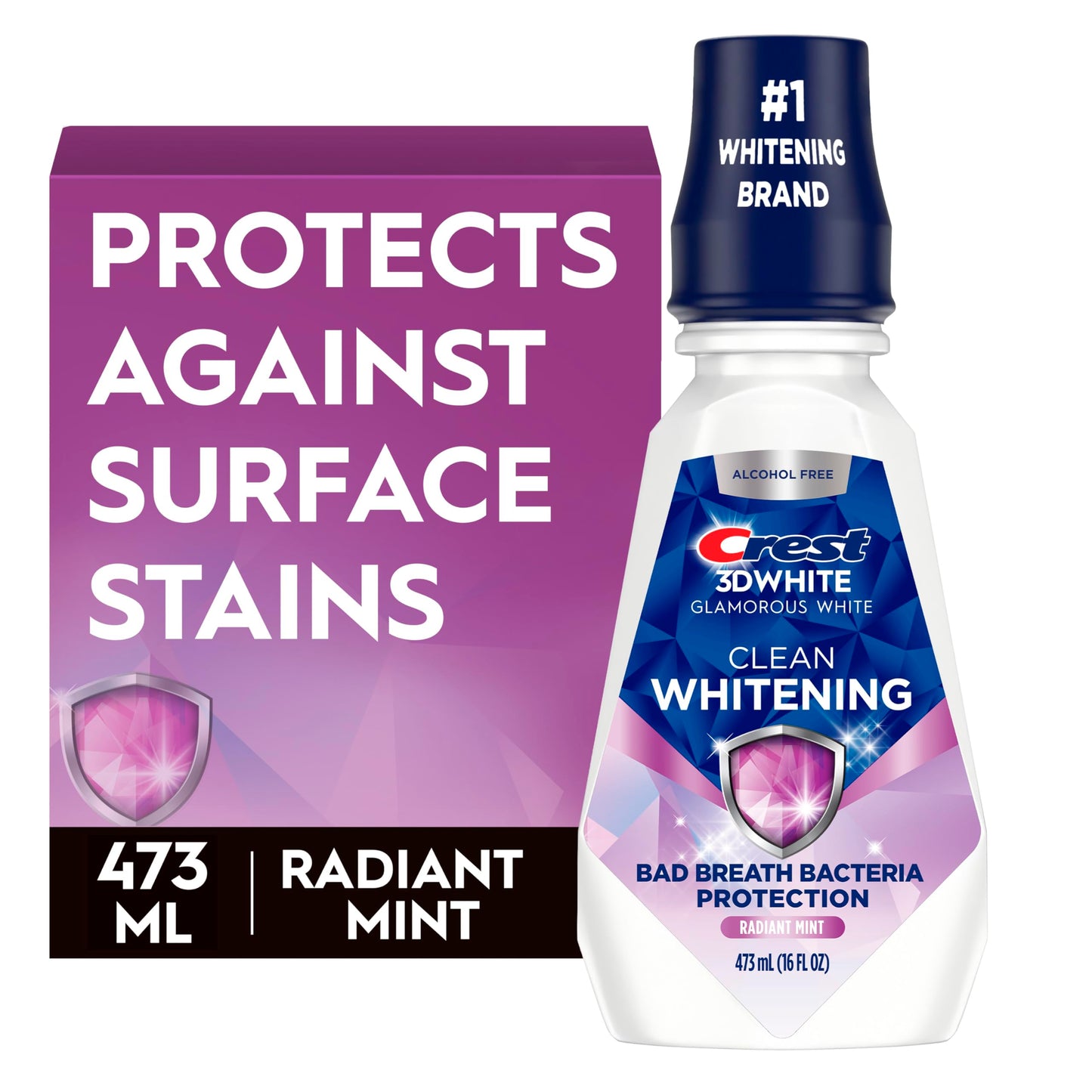 Crest 3D White Glamorous White Alcohol Free Multi-Care Whitening Mouthwash, Hydrogen Peroxide Mouthwash, Arctic Mint, 16 fl oz (473 mL) - Pack of 4, Crest Mouthwash