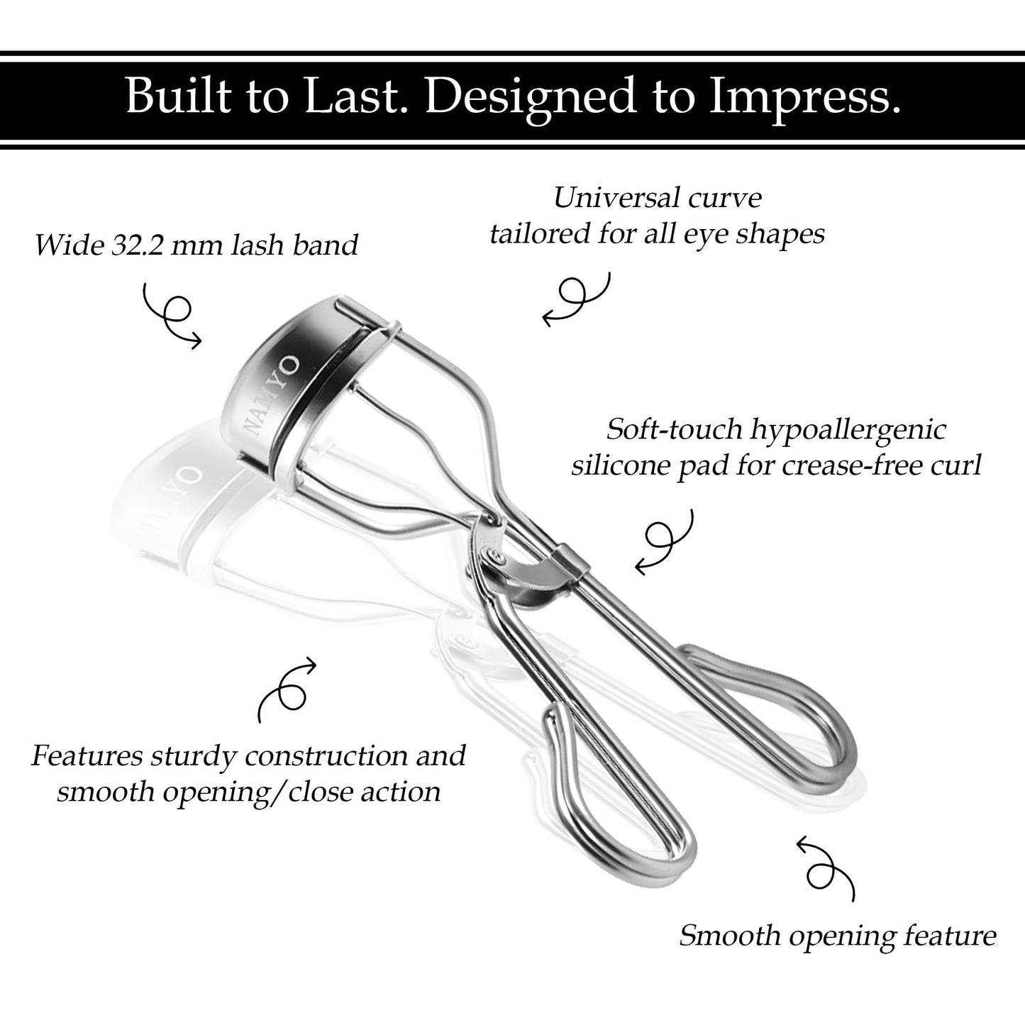 NAMYO Eyelash Curler – Precision Lash Curler for Almond, Hooded and Deep-Set Eyes with Ergonomic Handle and 10 Silicone Refill Pads – Compact Travel Size - Pearl Silver