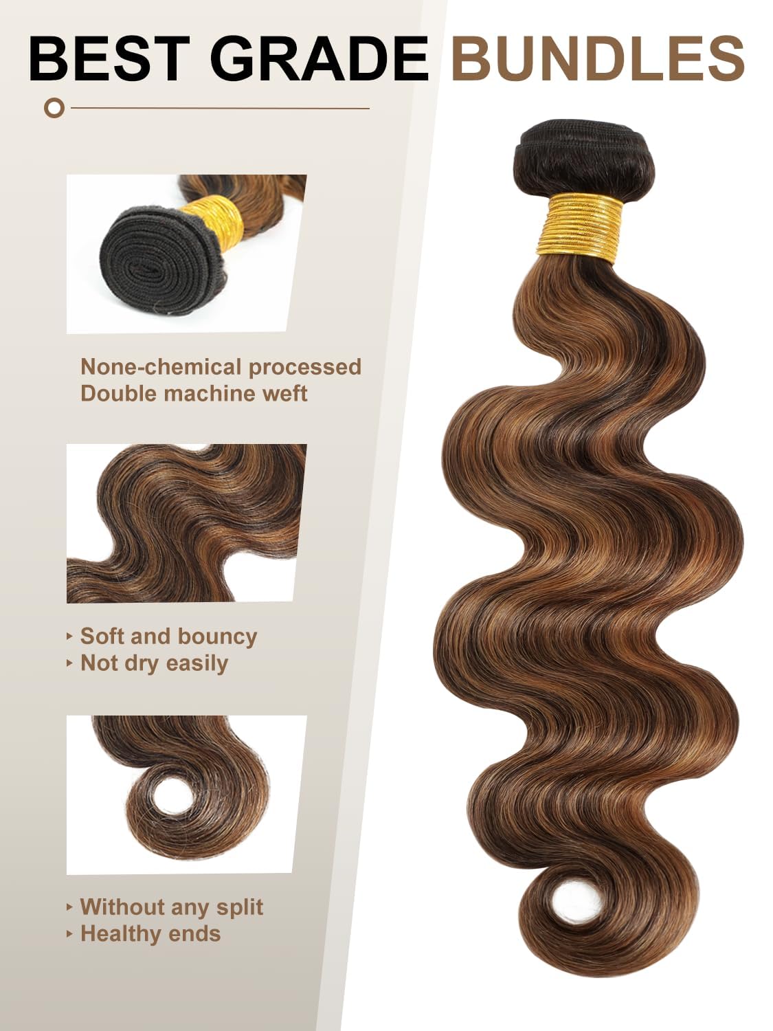 Thick 12A Remy Hair F1B/30 Highlight Honey Blonde Balayage Colored 2 Tone Single Wavy Bundle 12 Inch