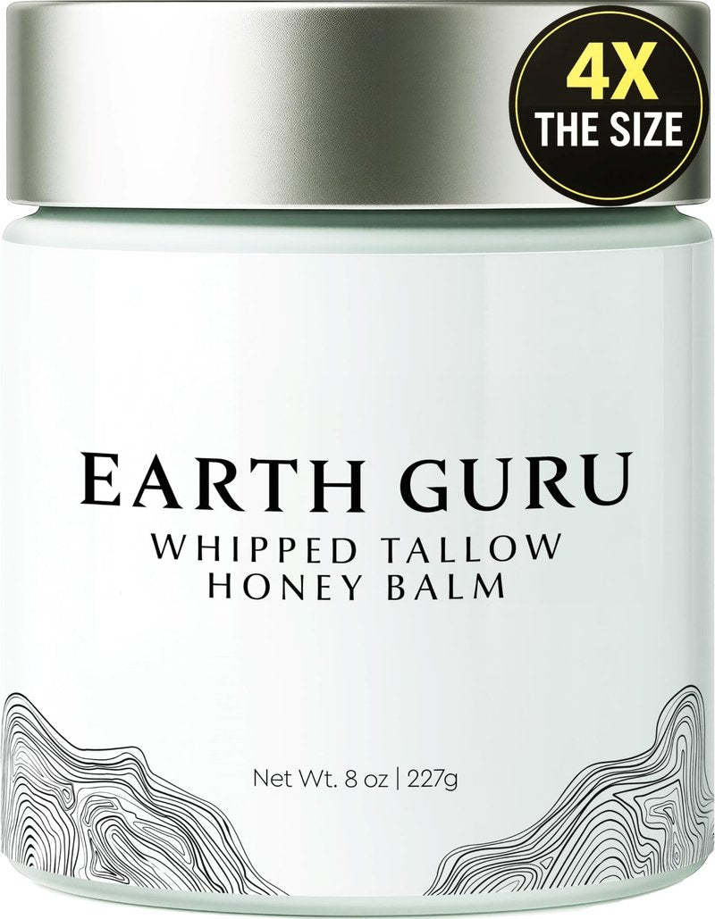 Earth Guru XL 8 OZ Whipped Beef Tallow for Skin,100% Natural Beef Tallow and Honey Balm, Face Moisturizer & Body Lotion Cream, Grass-Fed & Finished, Sebo De Res Para La Cara, Organic Olive Oil, Manuka