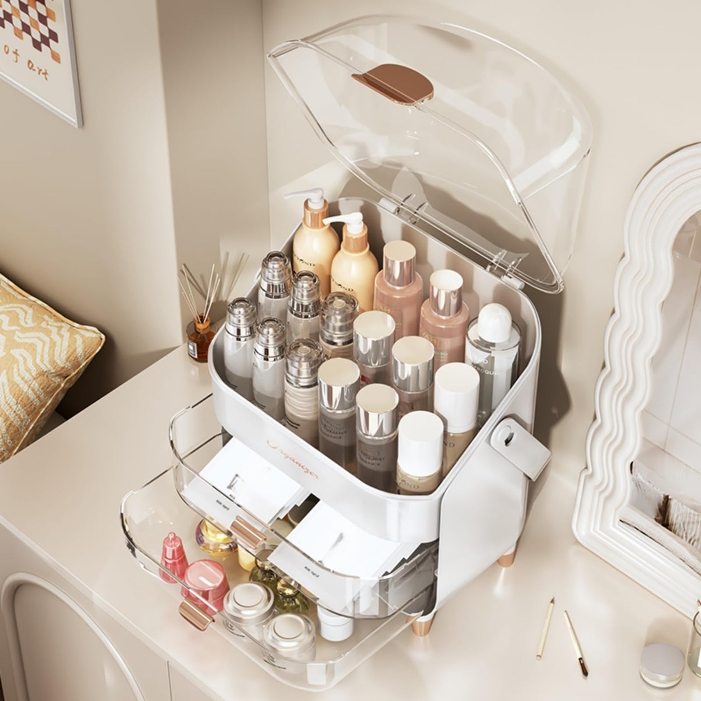 XAIODRAGONSKY Makeup Organizer, Skincare Organizers with Clear Lid & 2 Drawers and 360° Rotating Brush Holder