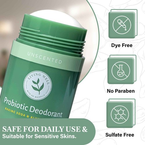 Living Well with Dr. Michelle Natural Probiotic Deodorant Stick | Aluminum-Free, Baking Soda-Free | Unscented & Gentle for Sensitive Skin | Long-Lasting Odor Protection for Men & Women