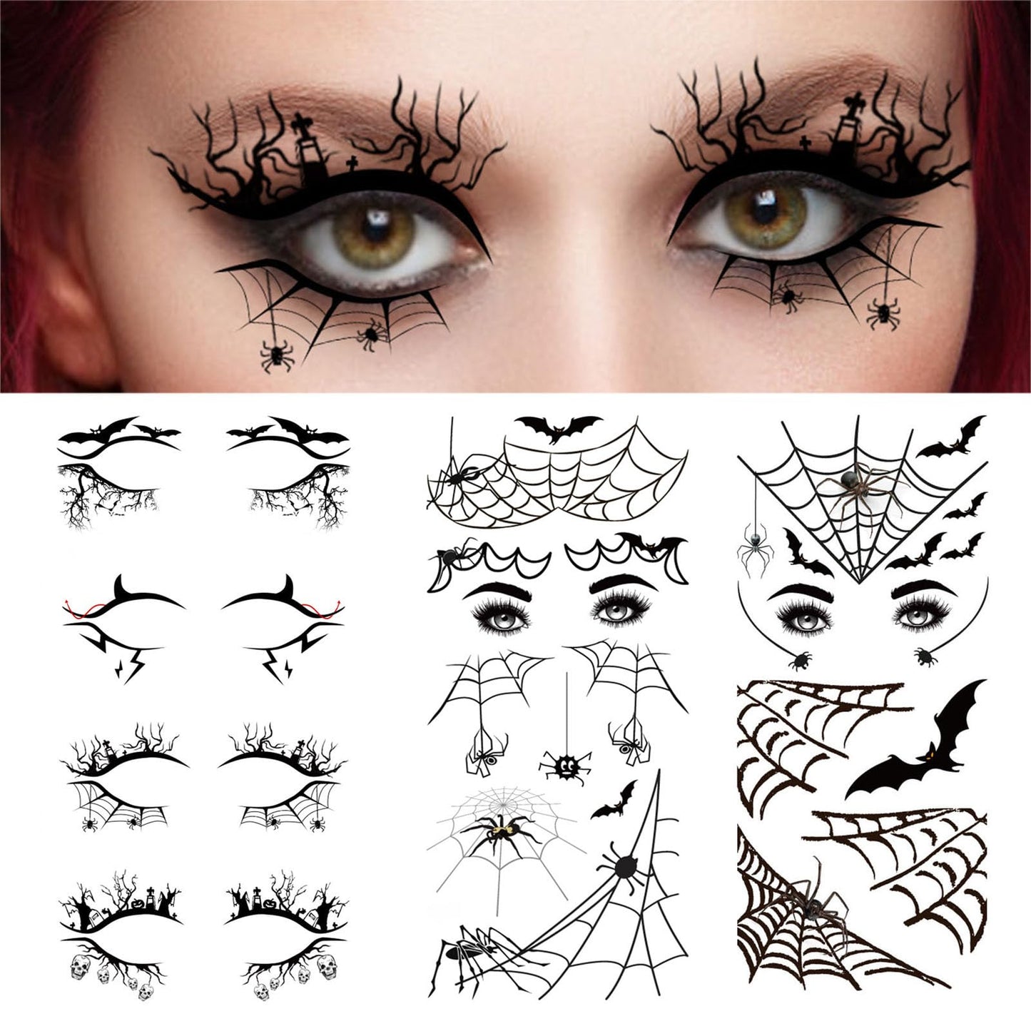 4 Pairs Halloween Eye Shadow Stickers Eyeliner Decals Spider Web Skull Bat Temporary Tattoo Stickers Face eye Makeup Stickers for Women Girls Halloween Masquerade Party Butterfly