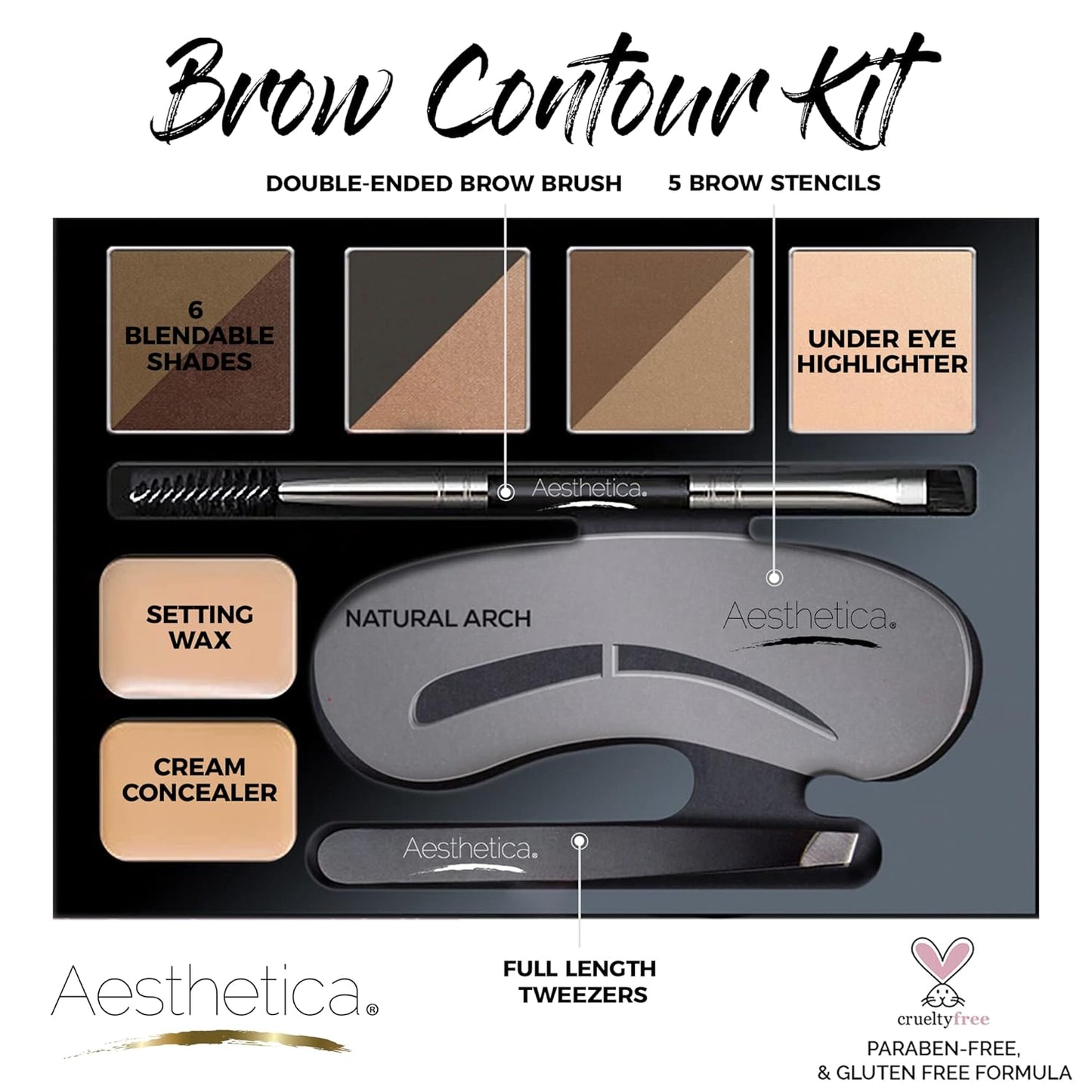Aesthetica Brow Contour Kit - 16-Piece Eyebrow Makeup Palette with Powders, Stencils & Tools | Perfect Birthday Gift for Her