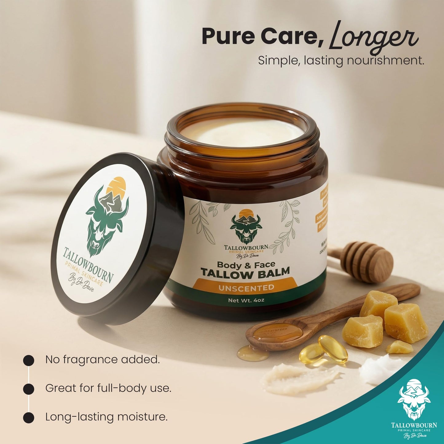 Tallowbourn Grass-Fed Beef Tallow Balm for Face & Body – Nourishing Moisturizer with Shea Butter, Jojoba Oil, Honey & Beeswax – Revitalizing Hydration for Dry Skin – Unscented Balm – 4 oz