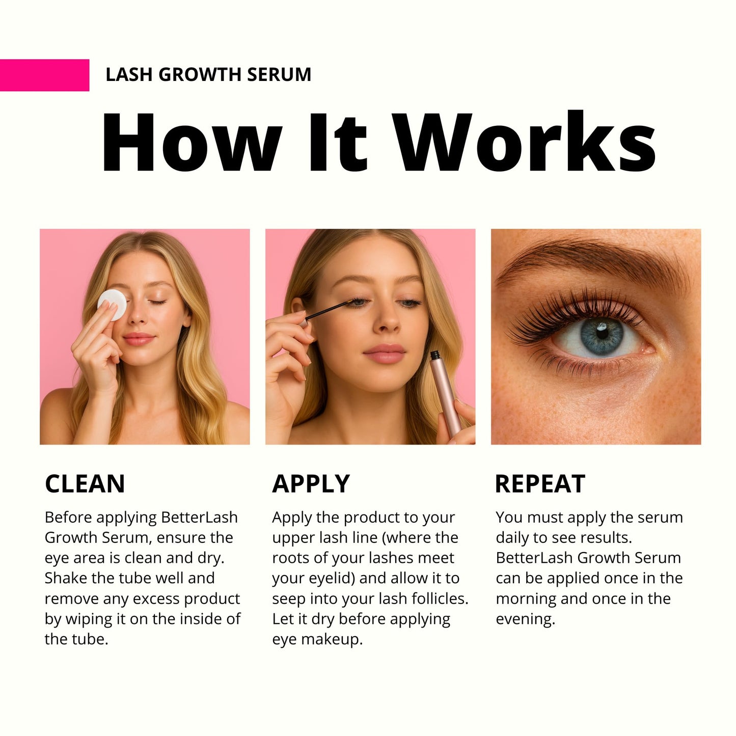 BetterLash Lash Growth Serum - Natural Peptide-Infused Eyelash Treatment for Fuller, Longer and Thicker Lashes, Clean Plant-Based Formula, Vegan and Cruelty-Free, Gentle on Sensitive Eyes (3 mL)