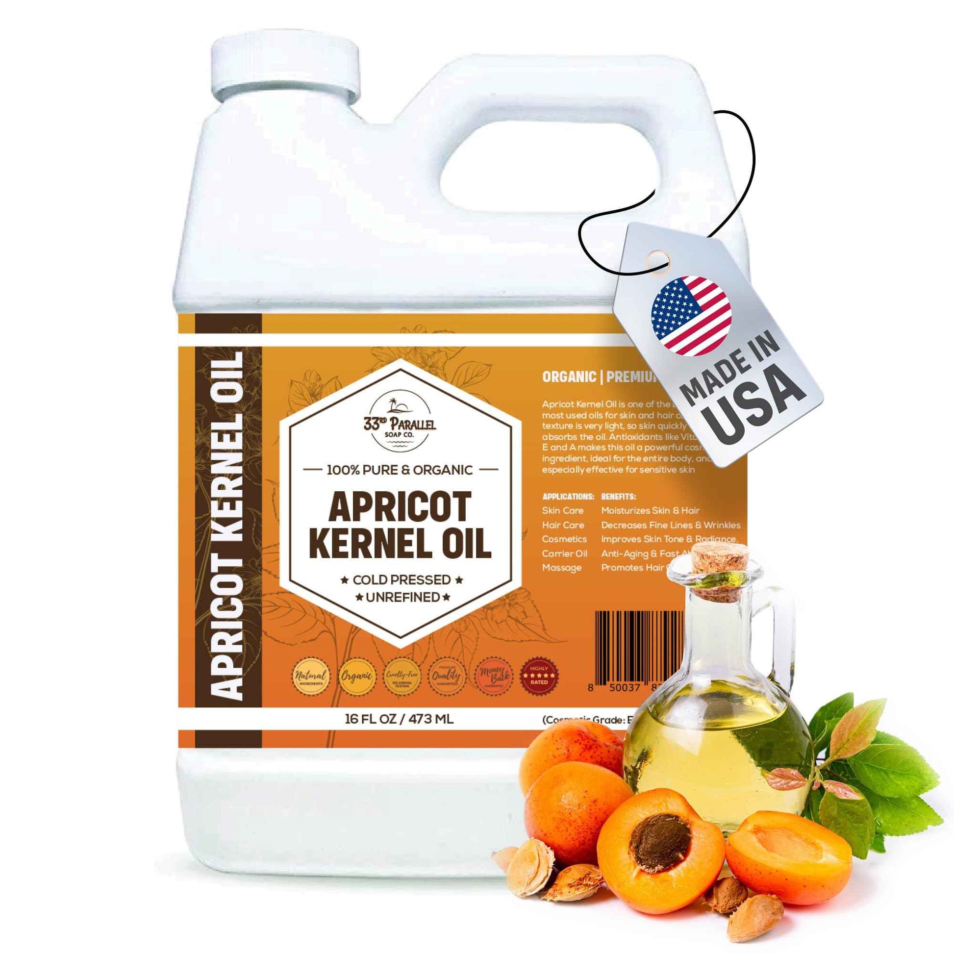 Organic Apricot Kernel Oil (16 Oz) Premium Cold Pressed Unrefined | 100% Pure Apricot Kernel Oil for Skin, Face, Hair, Soap Making, Massage | Carrier for Essential Oils | Available Bulk | 16 FL OZ