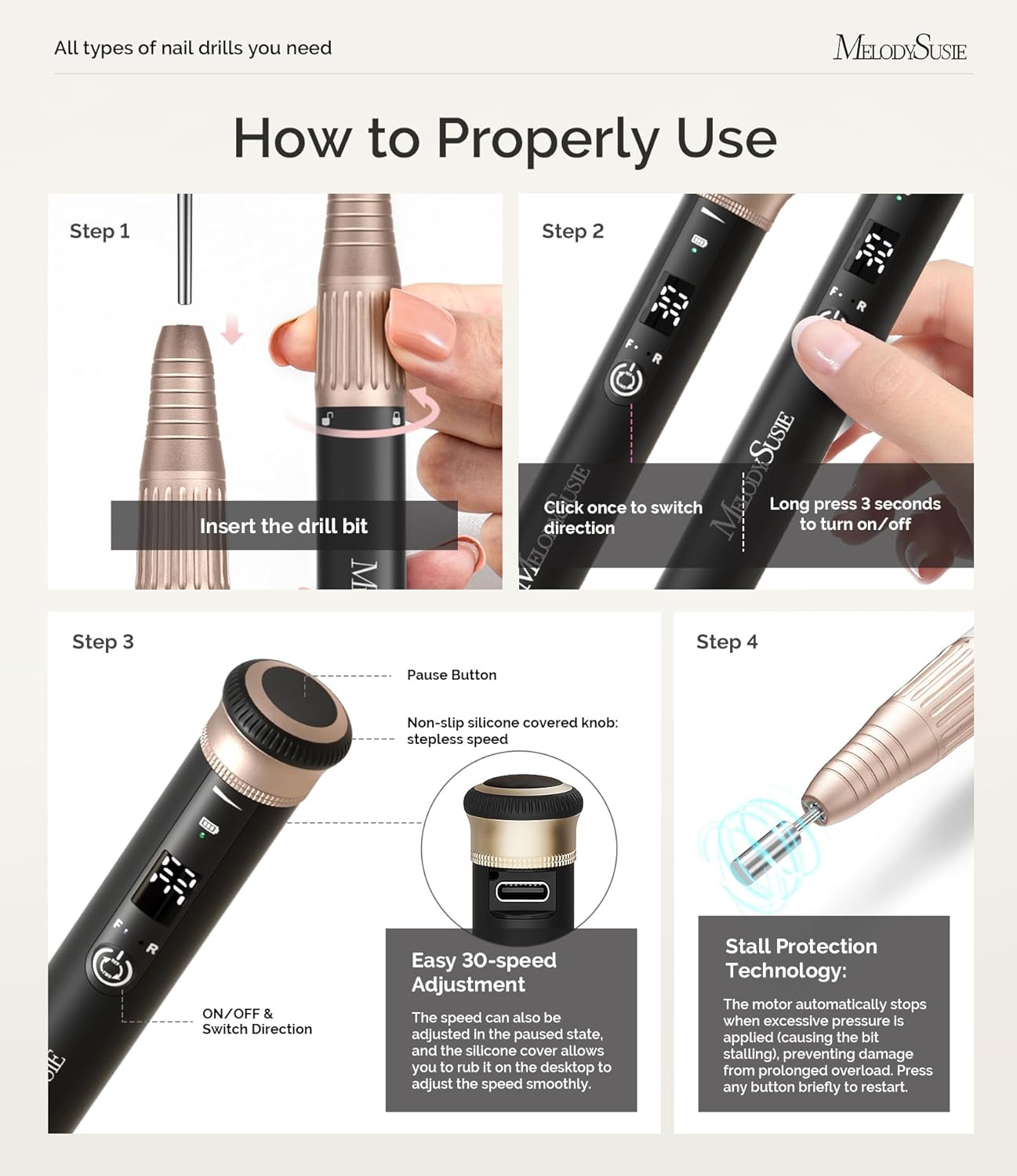 MelodySusie Cordless Nail Drill - 30,000 RPM E-File with Stepless Speed Adjustment | Portable Manicure Tool for Acrylic Gel Removal