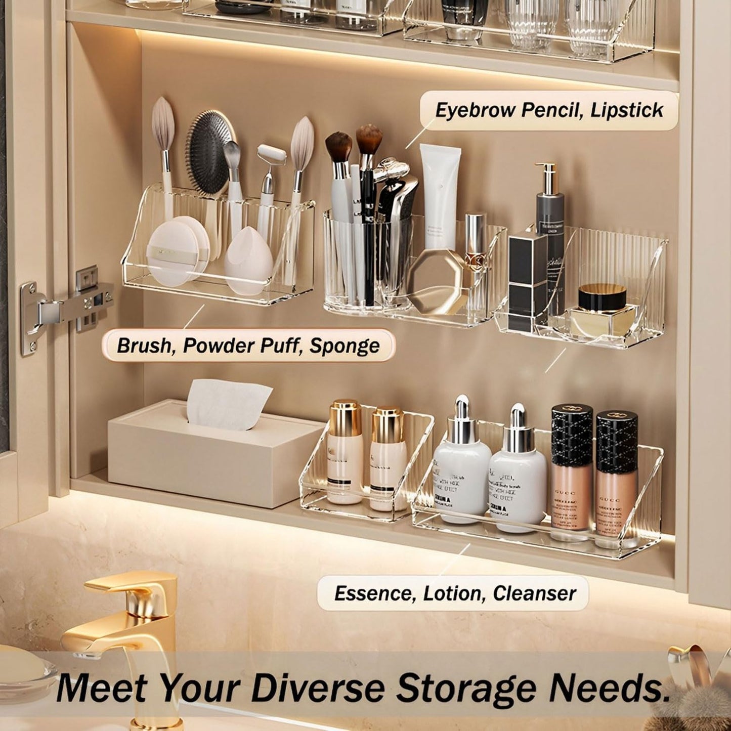 MORNITE 6 Pcs Medicine Cabinet Tray Organizer, Bathroom Vanity Toilet Cabinet Inside Shelves Storage Holder for Skincare Perfume Lipsticks Jewelry Brushes, Plastic Clear
