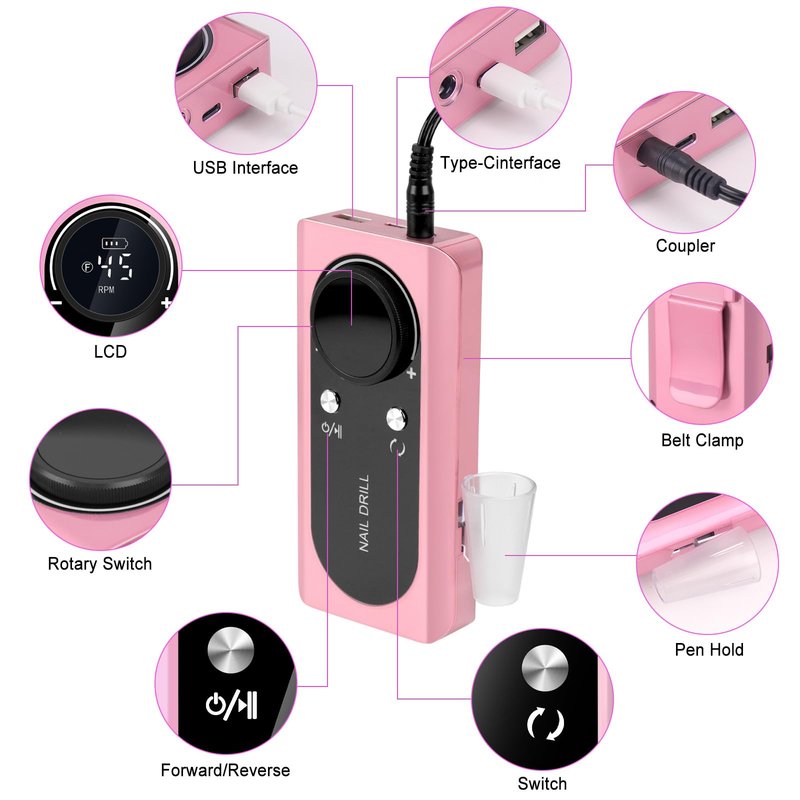 HZXINGWANG Professional 45000 RPM Portable Nail Drill & Electric Nail File for Acrylic Nails, Gel Polish Removal – Rechargeable with 6 Drill Bits Kit for Home & Salon Use (White)