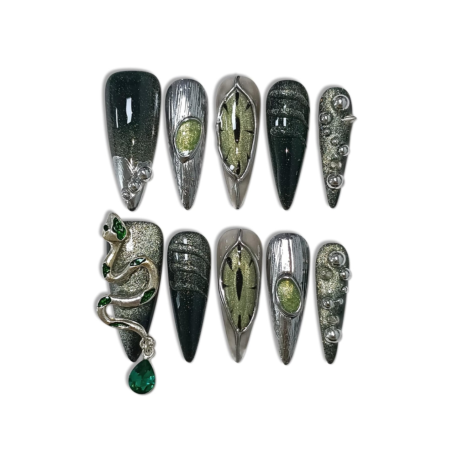 TENPAL Long Stiletto Press on Nails,Gothic Punk Green Cat Eye Nails Glow & 3D Snake with Gem,Black Silver Metallic Fake Nails Kits,10pcs Soft Gel False Nails with Steel Bead for Party Gifts(S)