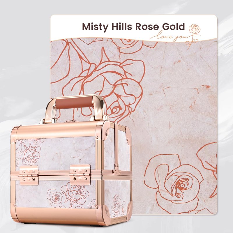 Costravio Makeup Case Train Case Portable Makeup Box with Mirror Lock Box Travel Cosmetic Train Cases Hard Make Up Organizer for Girls Nail Craft Storage Vanity Rose Gold Flower