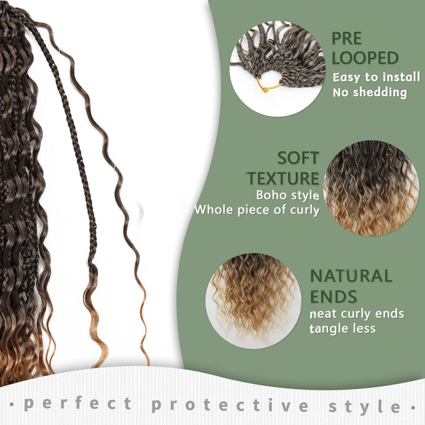 18 Inch 7 Pack Goddess Box Braids Bohemian Crochet Boho Box Braids With Curly Ends Pre-looped Crochet Braids Hair for Women Synthetic Braiding Hair Extensions,1B/530/350
