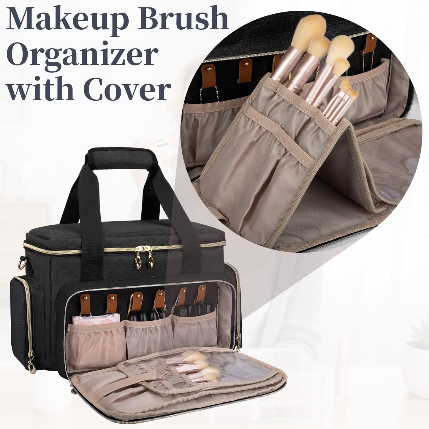 GDNasist Large Makeup Bag, Portable Travel Makeup Bag Organizer for Women Girls with 2 Removable Pouches & Detachable Dividers, Cosmetic Travel Bag, Toiletry Bag for Makeup and Hair Supplies Black