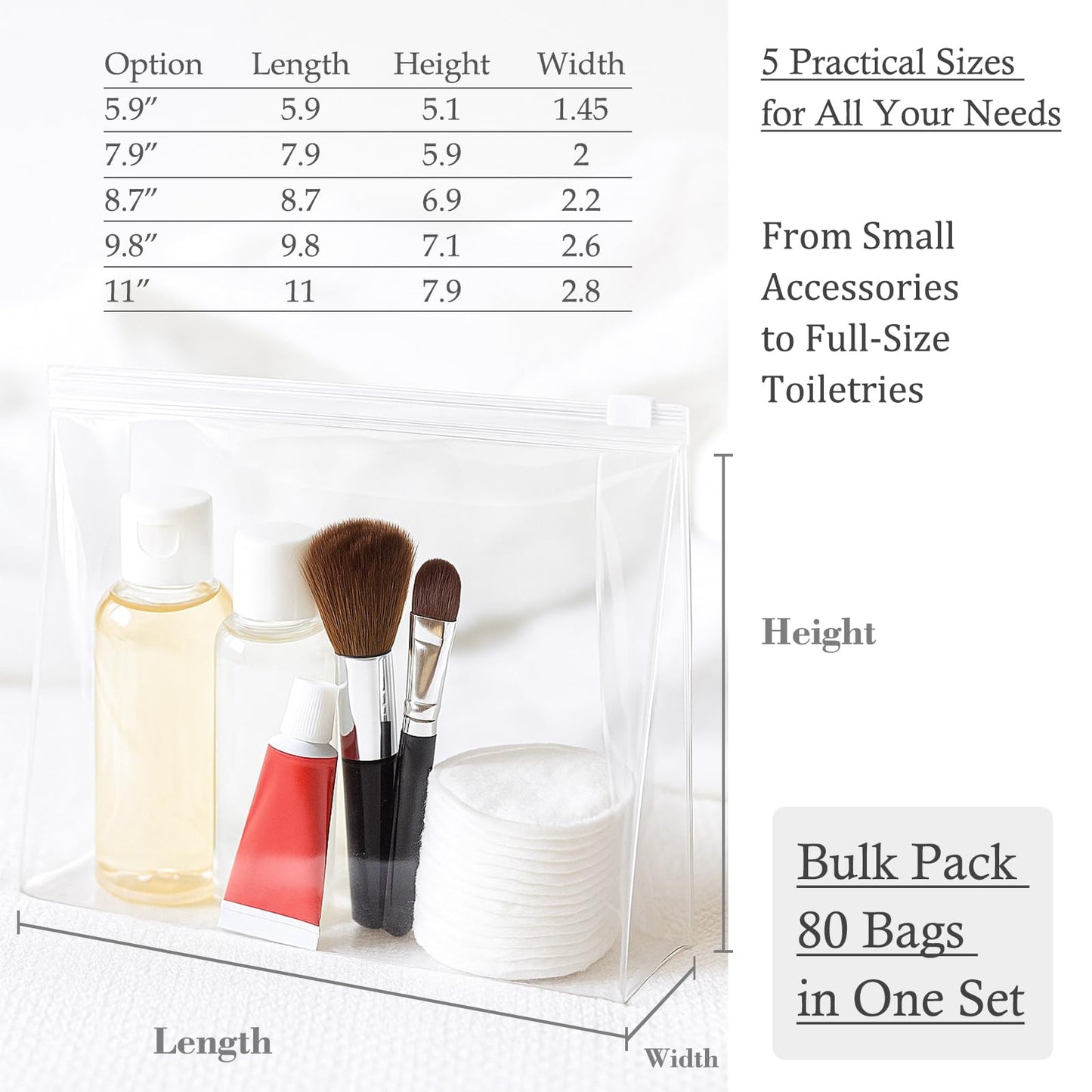 Circloophs Clear Makeup Bag, 80 Pack Large Cosmetic Bags with Zipper TSA Approved Travel Bags Bulk for Toiletries Plastic EVA Water-resistant Transparent Reusable Pouches for Bathing Suit Bikini, 11"