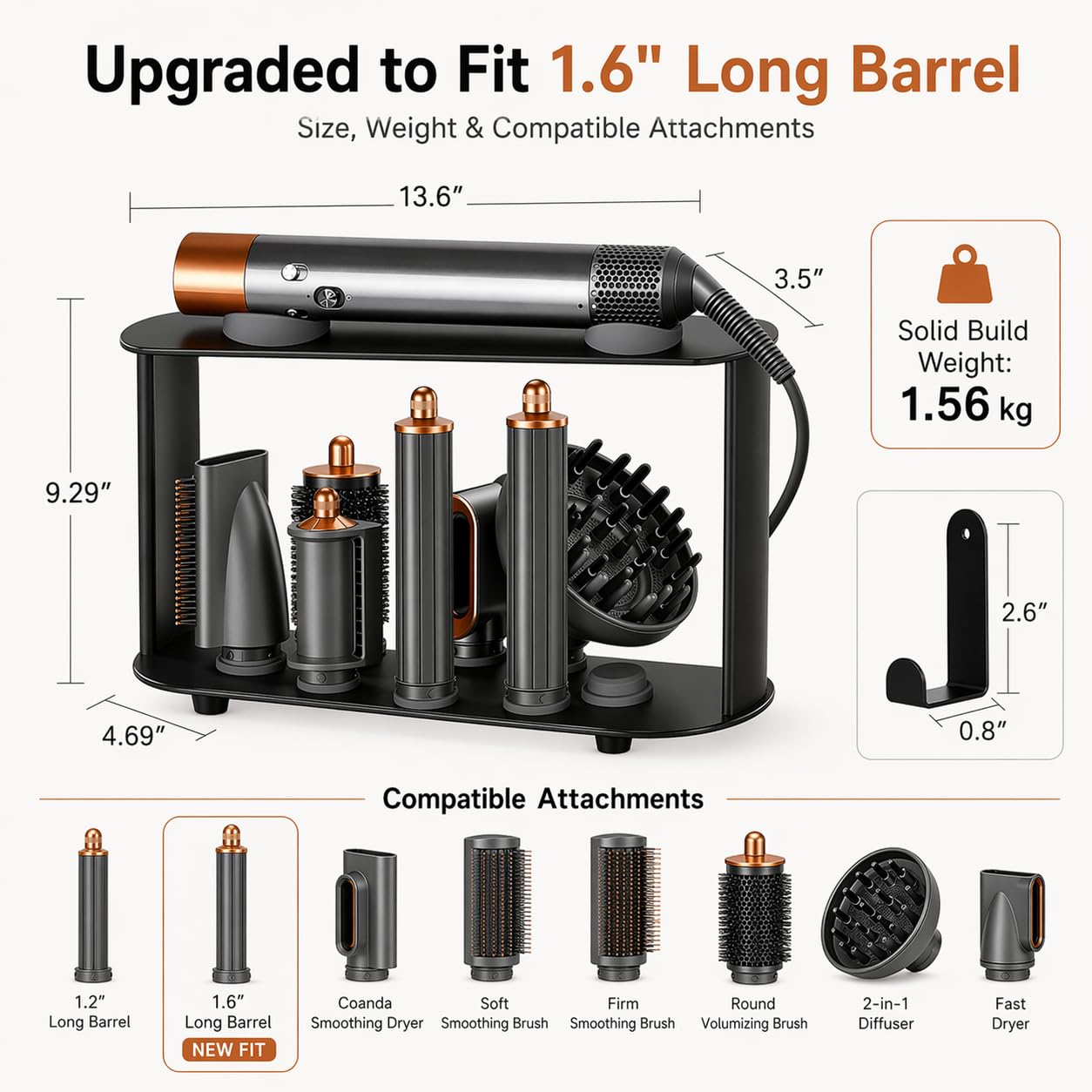 Lasvea Holder for Dyson Airwrap Attachments| 8 Holes Metal Storage Rack with Protective Silicone Pad | Countertop Organizer for Dyson Diffuser Accessories & Curling Iron with Self-Adhesive Hook, Black