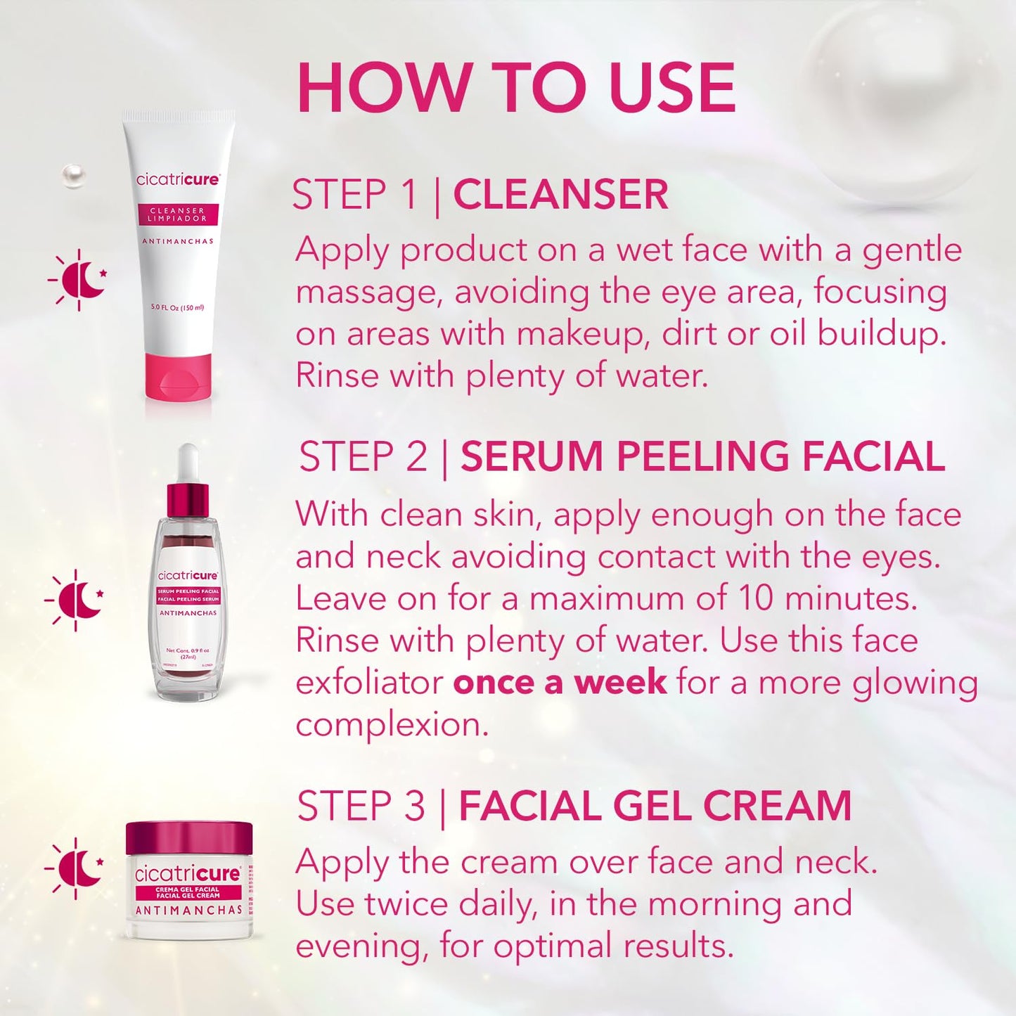 Cicatricure Antimanchas Skin Care Kit: AHA & PHA Exfoliating Face Wash, Brightening Serum, and Moisturizing Gel Cream - Dark Spot Reduction, Enhanced Glow, Paraben & Sulfate-Free