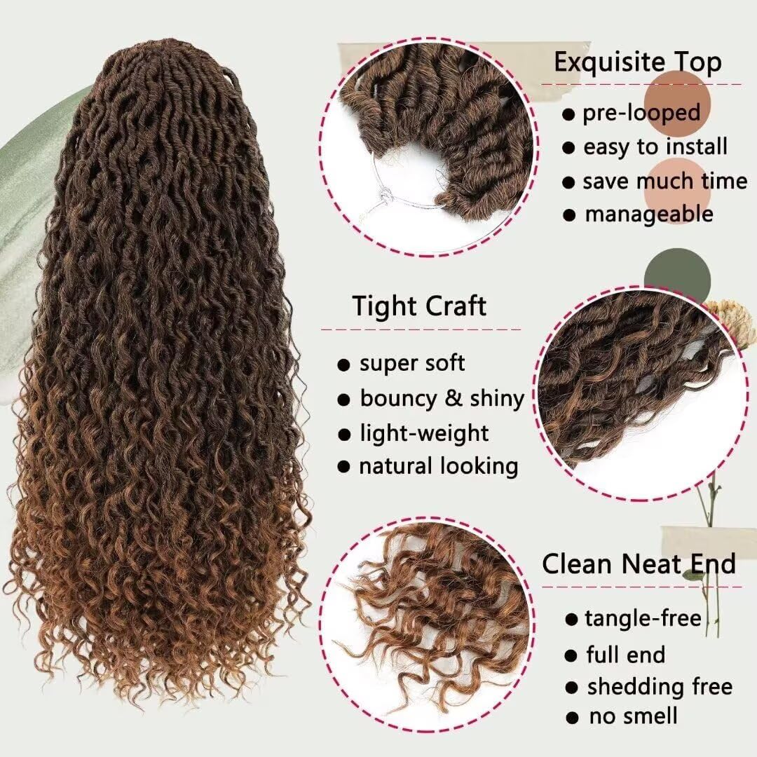 Goddess Locs Crochet Hair - 18 Inch Ombre Brown Faux Locs with Curly Ends | 8 Packs Synthetic Hair Extensions