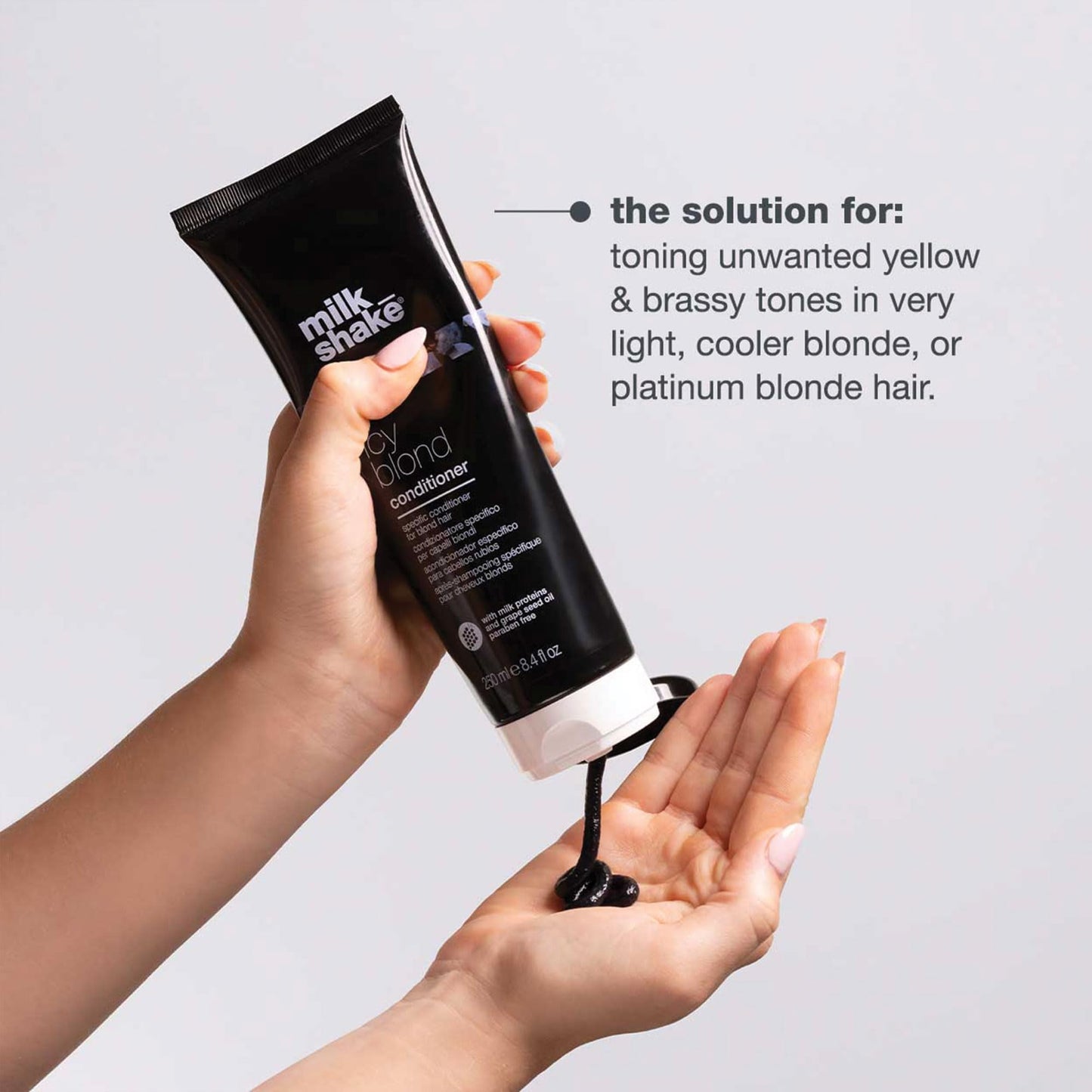 milk_shake icy blond conditioner | award winning toning conditioner with black pigment to neutralize yellow and brass in platinum blonde hair | hydrates and brightens cool tones