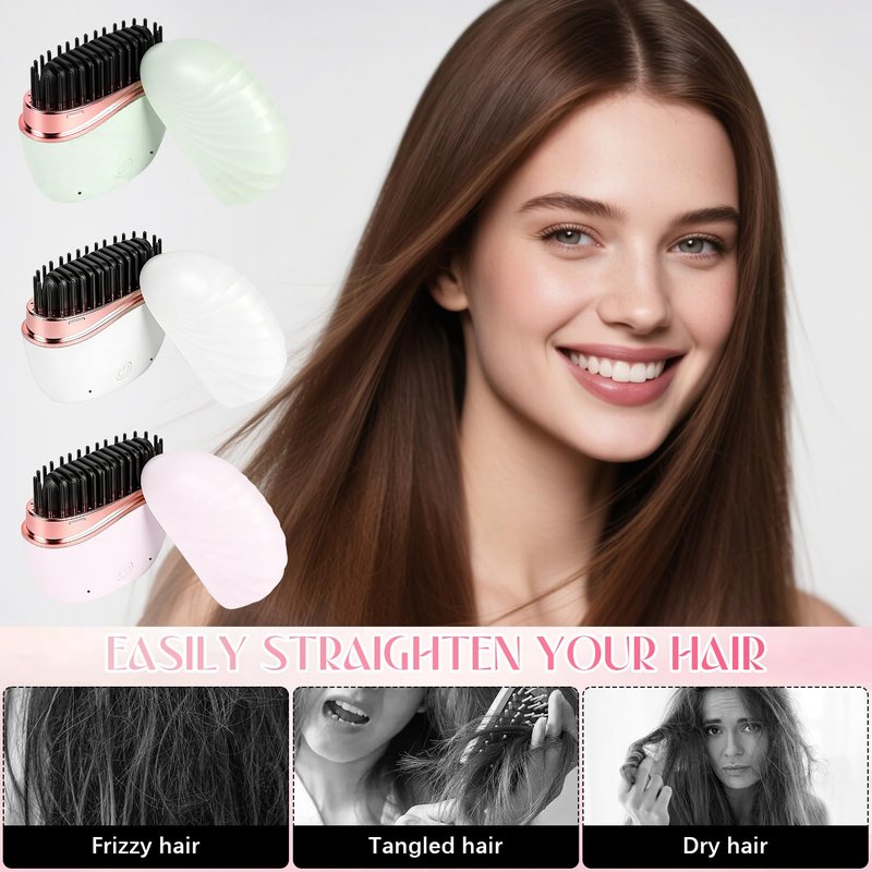 Mini Straightener, New Cordless Rechargeable Portable Hair Straightener Brush, 3-Speed Temperature Control, Anti-Scald Shell, Lightweight & Portable Travel (White)