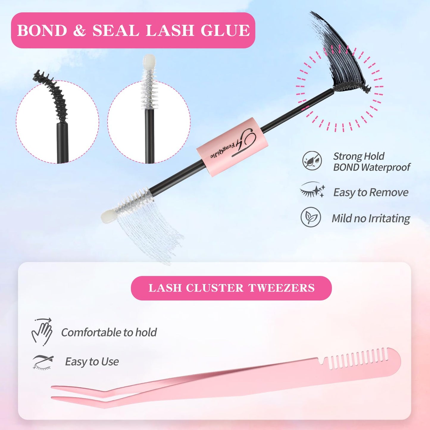 FONXJE DIY Lash Clusters Kit for At-Home Eyelash Extensions | 280 Cluster Lashes (9mm-16mm) with Lash Glue, Bond Sealer & Tweezers | Reusable Cluster Lash Extension Kit for Natural Volume(30D+40D)