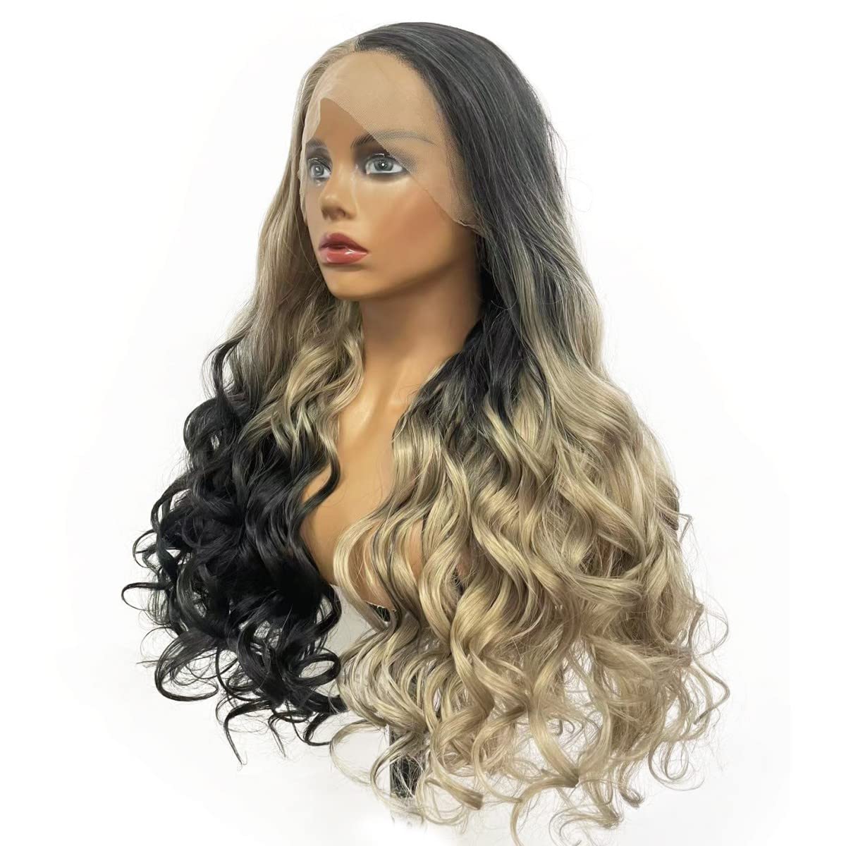 Peakia Long Wavy Blonde Black Ombre Natural Half Hand Tied Synthetic Lace Front Wig