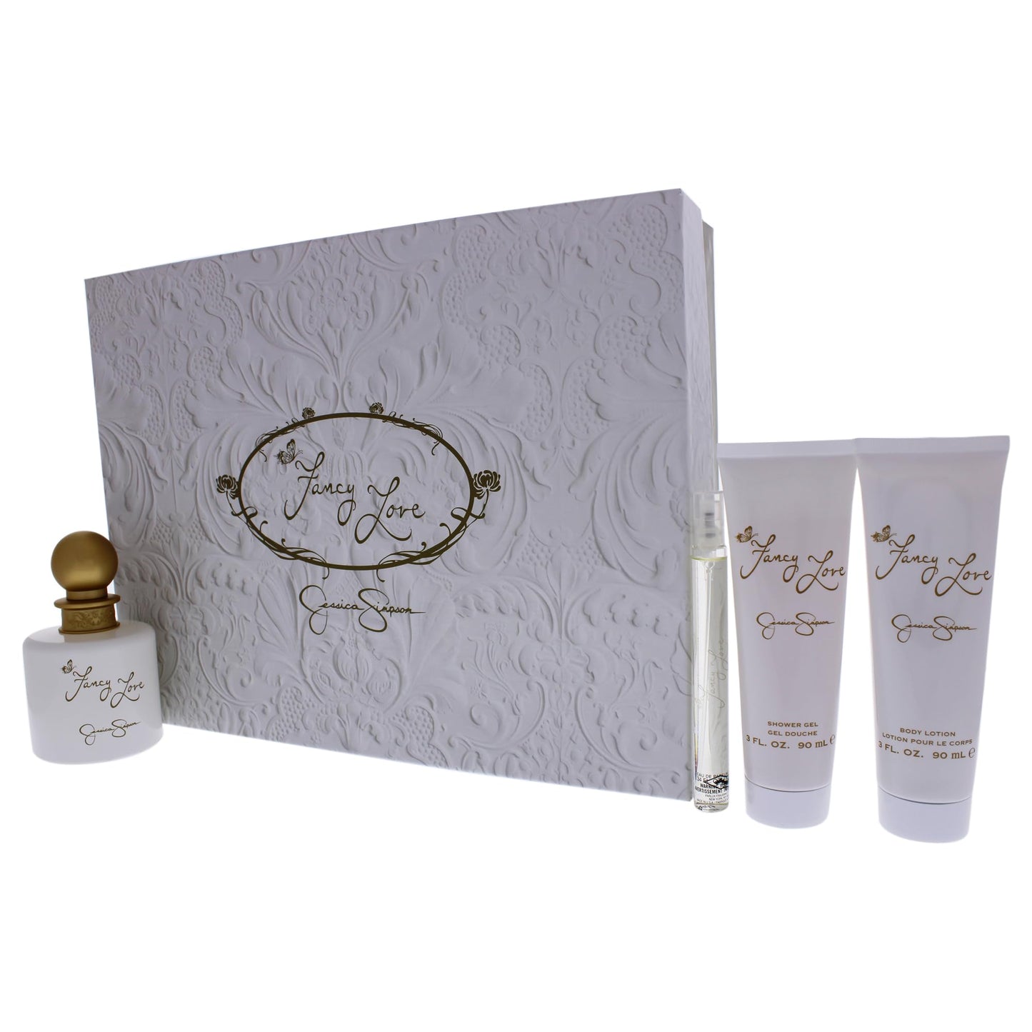 Fancy Love by Jessica Simpson for Women - 4 Pc Gift Set 3.4oz EDP Spray, 0.34oz EDP Mini Spray, 3oz Body Lotion, 3oz Bath & Shower Crème