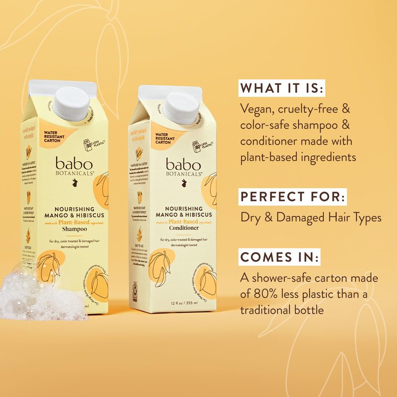 Babo Botanicals Nourishing Mango & Hibiscus Shampoo - For Dry, Damaged, Color-Treated Hair – Moisturize & Soften - Passion Fruit Ferment for scalp - Water-Resistant Carton w. 80% Less Plastic – Vegan