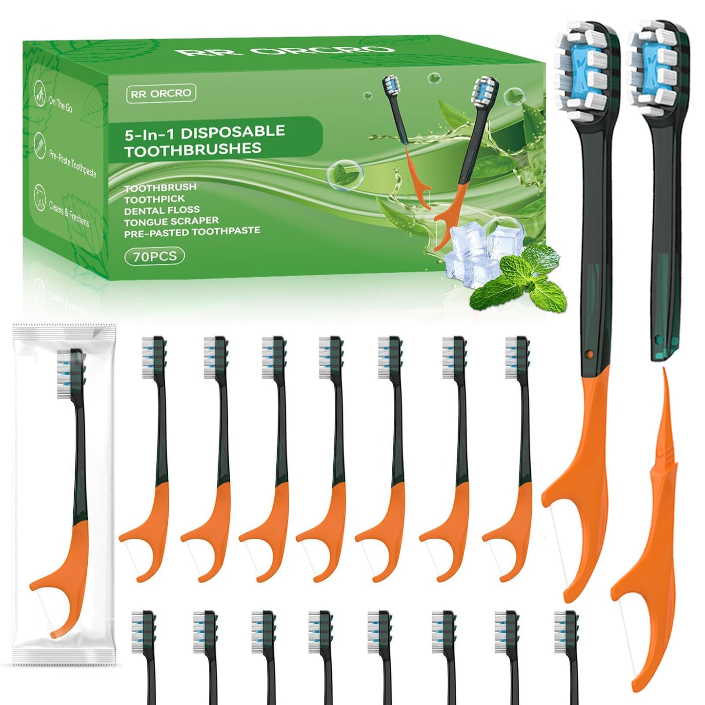 70Pack Disposable Toothbrushes with Toothpaste + Pick + Floss + Tongue Scraper 5-in-4 Mini Prepasted Travel Toothbrush for Hotel Camping Flight Car Single Use Portable Individually Wrapped | Mint