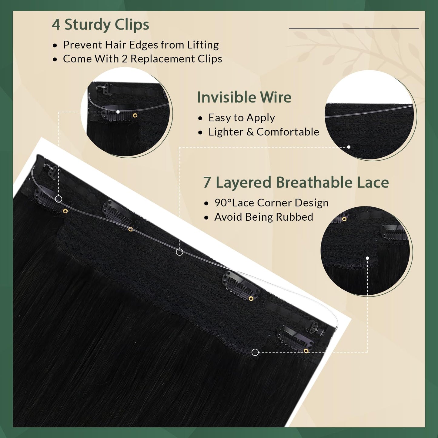 Ugeat Wire Hair Extensions Jet Black, Invisible Wire Hair Extensions Real Human Hair Jet Black, Natural Looking for Women Thin Hair Short Length 12 Inch 70g