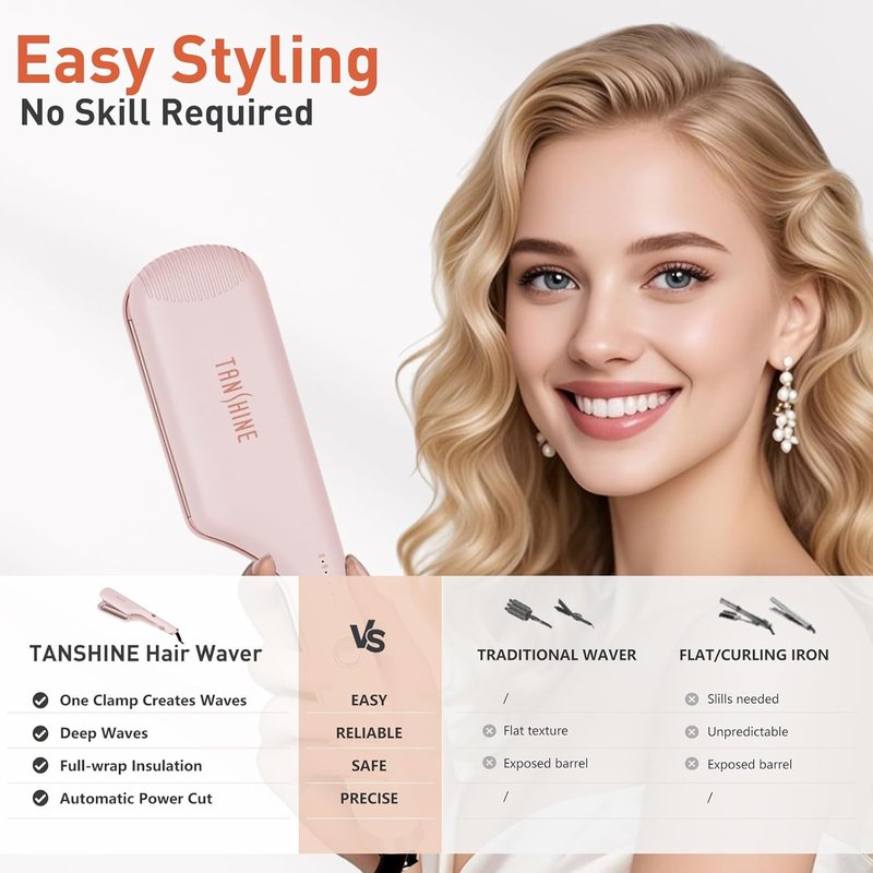 TANSHINE Curling Iron - 1.25 Inch Dual Barrel Ceramic Hair Waver for Beach Waves | Ionic Anti-Scald, Adjustable Temp, Pink