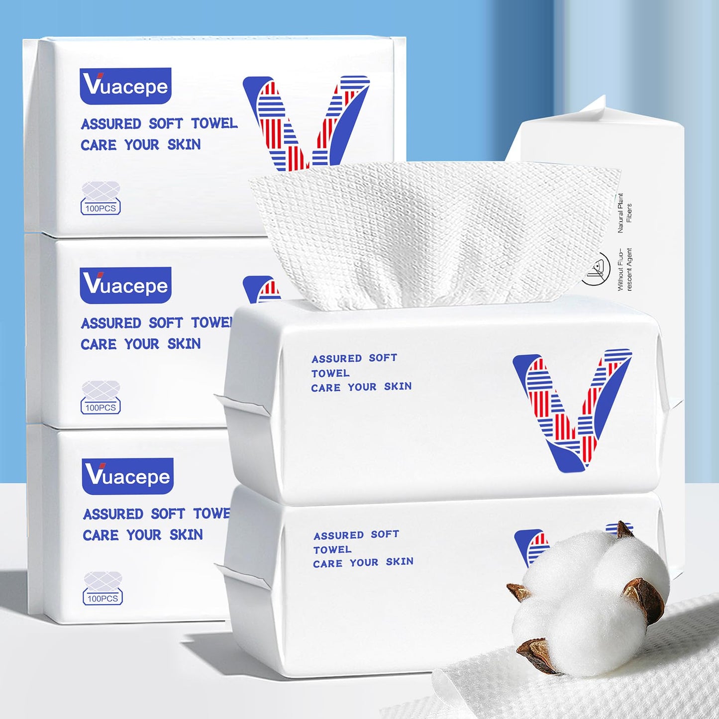 vuacepe Disposable Cotton Facial Towels, 600 Count Biodegradable Soft Dry Facial Tissue, Face Drying Towels for Skin Care, Makeup Remover, Disposable Face Cloths