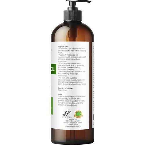 velona Macadamia Nut Oil 16 Fl Oz | 100% Pure and Natural Carrier Oil | Refined | Cooking, Skin, Hair, Body & Face Moisturizing | Use Today - Enjoy Results