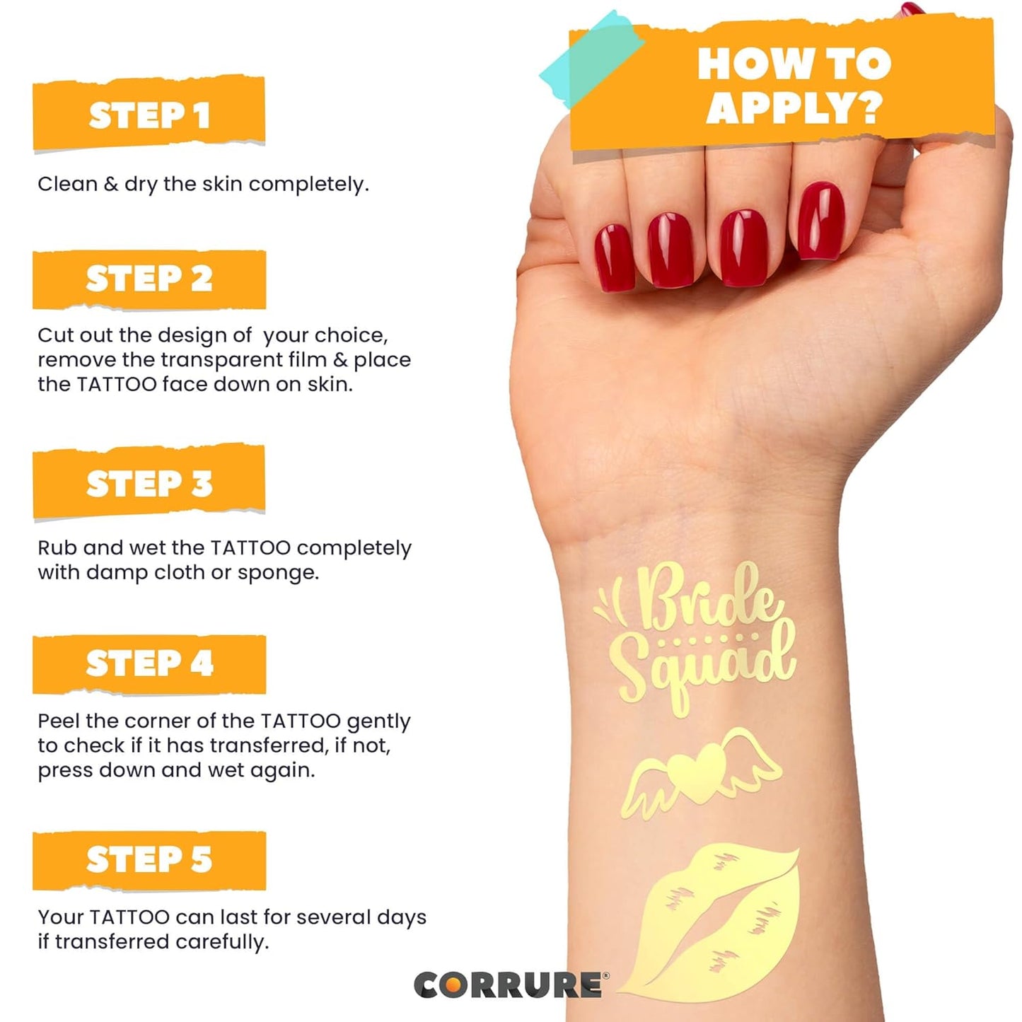CORRURE Bachelorette Tattoos - 38pcs Gold Temporary Metallic Tattoo Stickers for Bridesmaids and Bride Tribe - Bachelorette Party Decorations, Bridal Party Favors, Games and Women Accessories