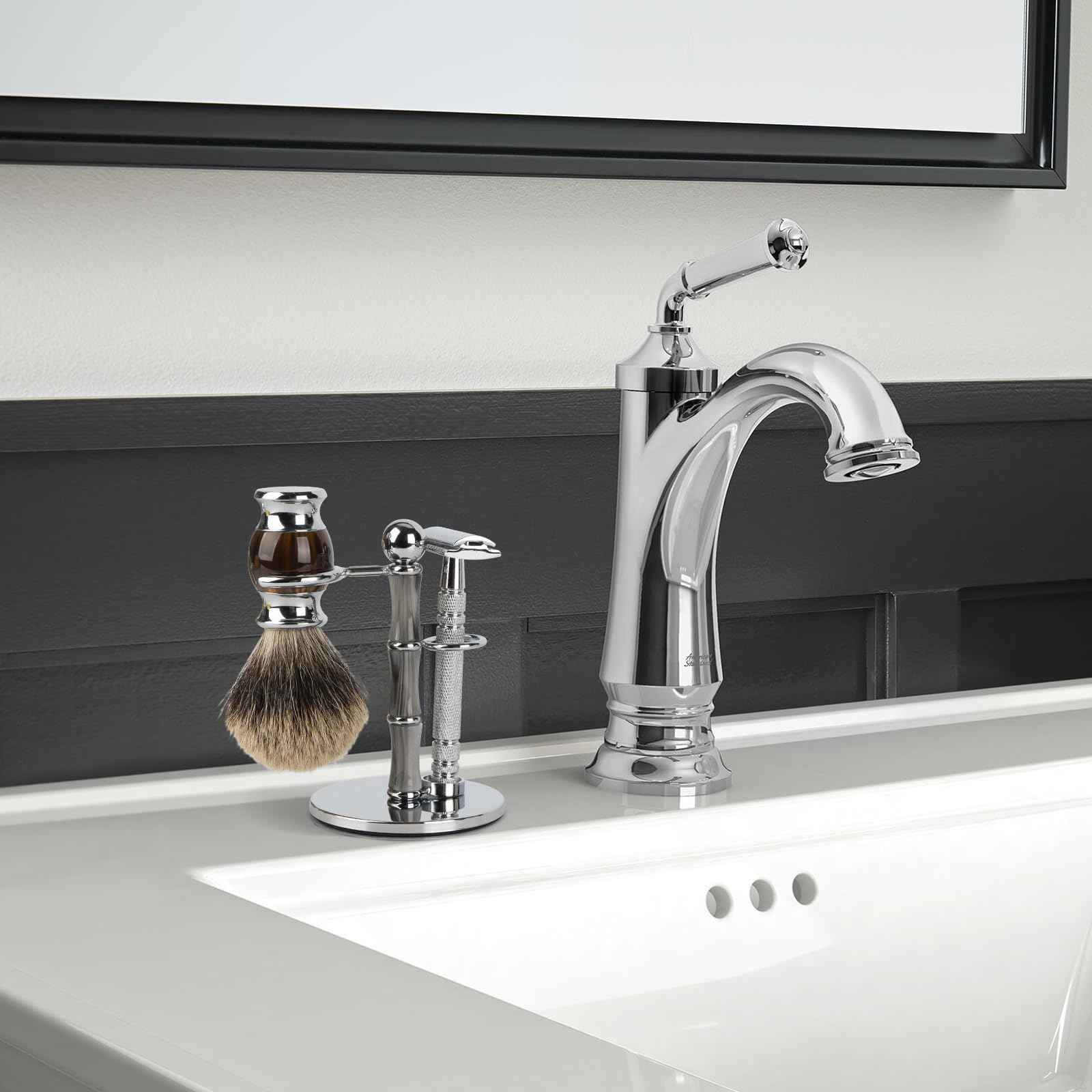 Linkidea Stainless Steel Razor Stand and Brush Holder with Non-Slip Base, Creative Bamboo Style Safety Shaver Organizer Compatible with Vikings Blade Chieftain, Odin (Grey)