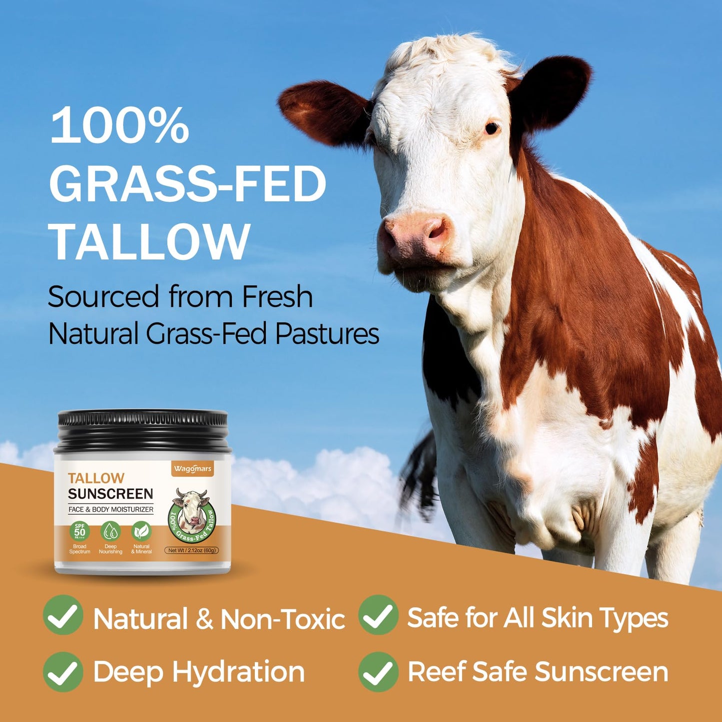 Wagomars Beef Tallow Sunscreen SPF 50 - Mineral Sunscreen with Zinc Oxide - Non-Toxic Natural Sunblock for Face & Body - Water Resistant, Reef Safe, Moisturizing for Dry and Sensitive Skin