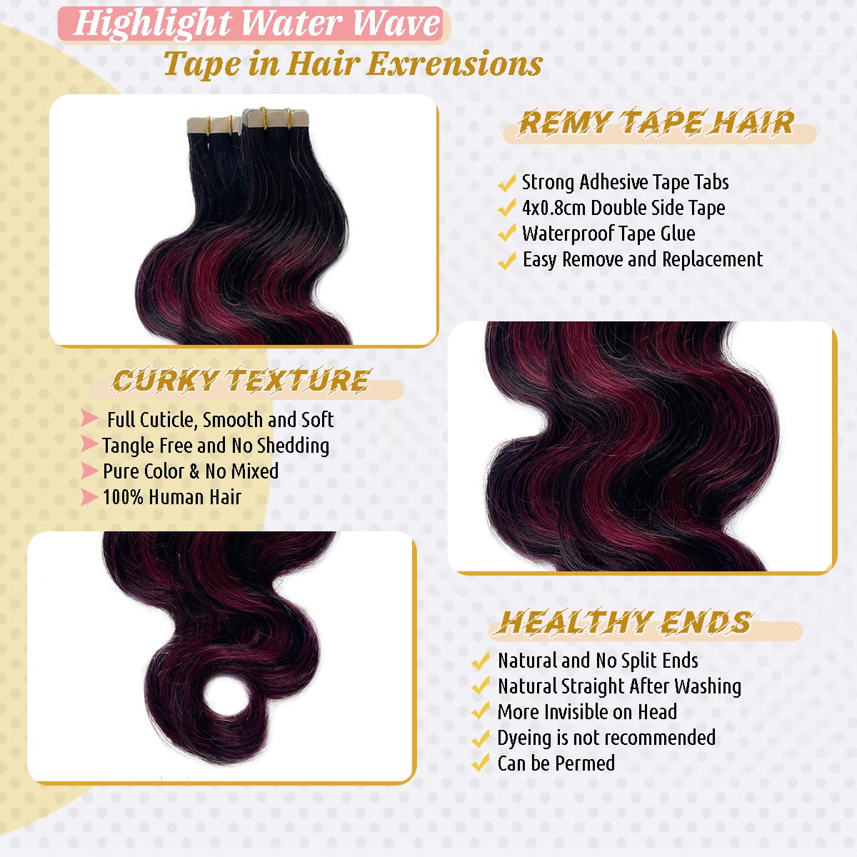 Ombre Body Wave Tape in Hair Extensions - Black to Wine Red Human Hair Balayage for Women - Burgundy Wavy Real Hair Extensions 20pcs 50g