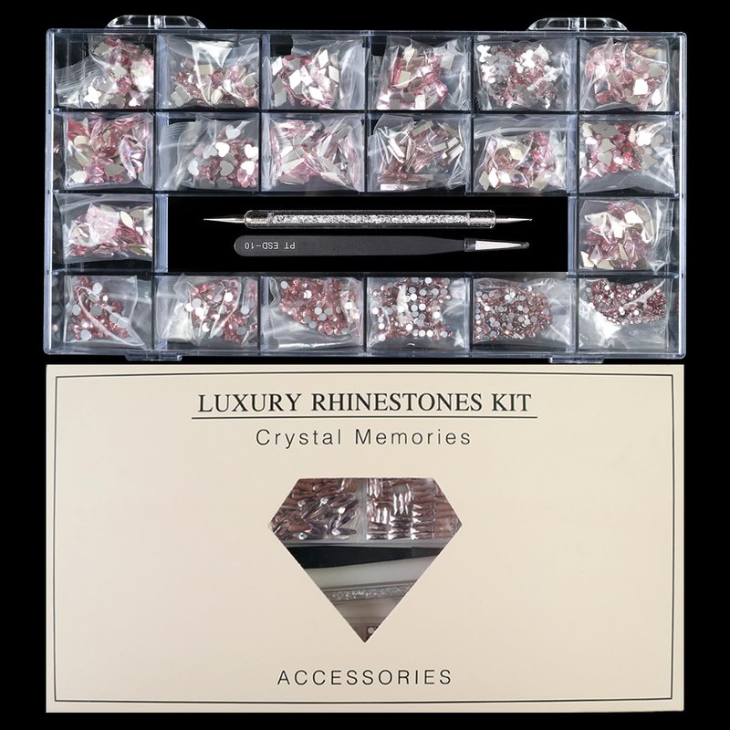 Yzzseven 14 Types of 700 Pink Diamonds + 1500 Flat Rhinestones Mix 20 Styles Flatback DIY Crafts Rhinestone Crystals 3D Ornament‌s Flat Back Stones Set + Tweezers + Drill Pen