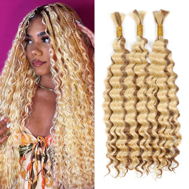 613 Blonde Human Braiding Hair for Boho Braids 613 Deep Wave Human Bulk Braiding Hair 150g 20 inch LadrXadr Honey Blonde Deep Wave 3 Bundles