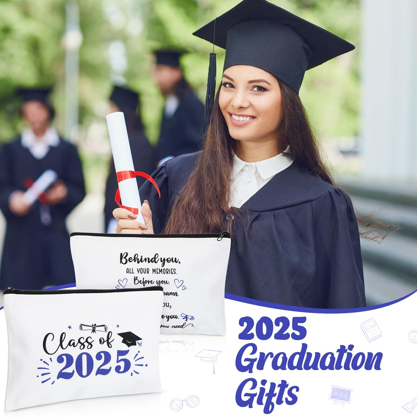 Meanplan 20 Pcs Graduation Gift Bulk Class of 2025, Canvas Makeup Bag Graduation Party Favors Inspirational Cosmetic Pouch Thank You for Guest Her Women Teacher Student Christmas(Blue)