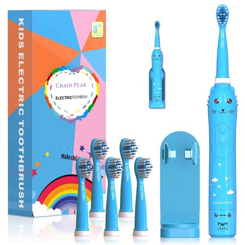 Kids Sonic Electric Toothbrush, Rechargeable Smart Toothbrush for Children Toothbrush for Toddlers Boys Girls Age 3-12 with 30s Reminder, 2 Mins Timer, 6 Modes, 6 Brush Heads, Wall-Mounted Holder