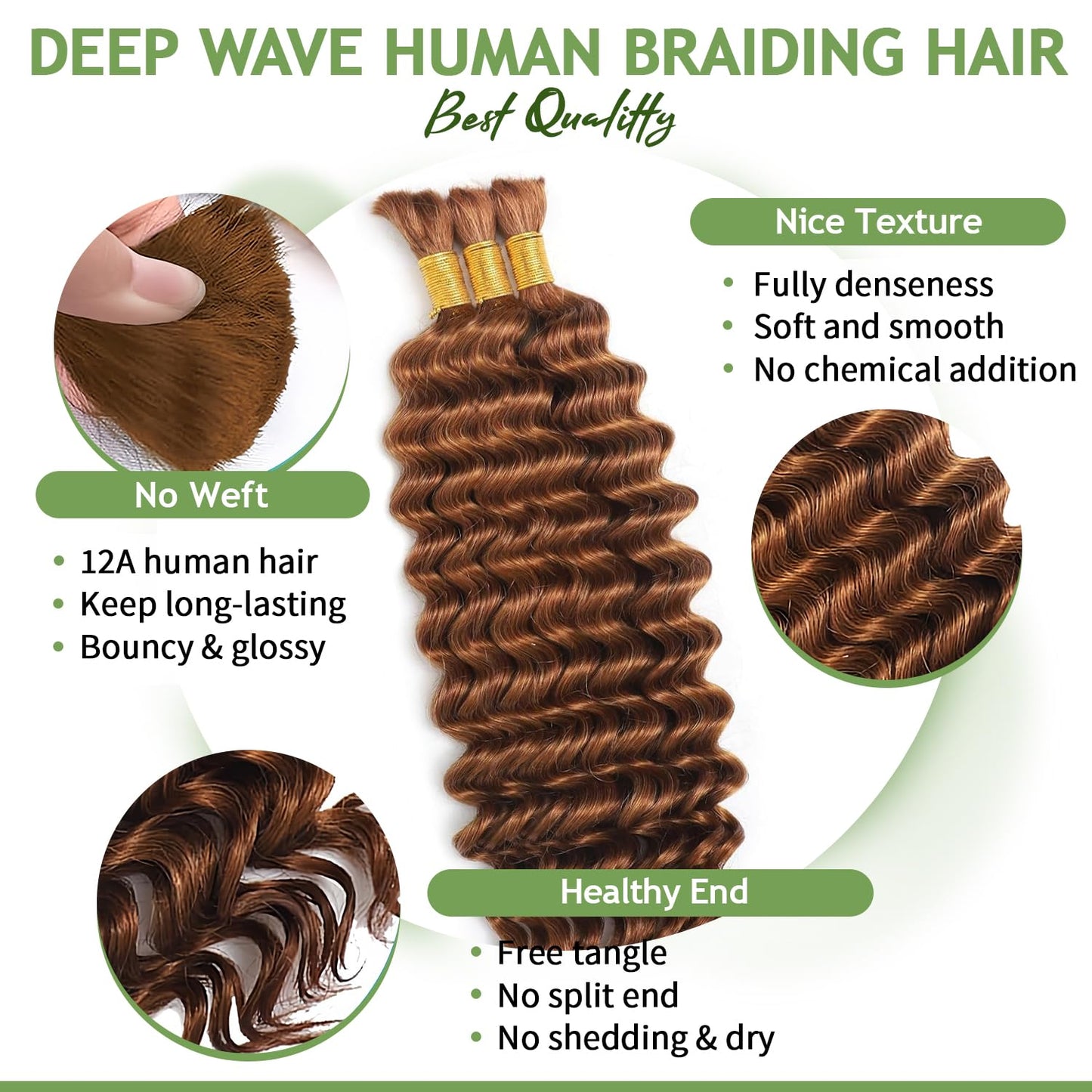 Human Braiding Hair for Boho Braids 120g 20 Inch 12A Deep Water Wave Bulk Human Hair Knotless Boho Braiding Curly 100% Virgin No Weft Extensions Bohemian Braids 3 Bundles/Pack Natural Color
