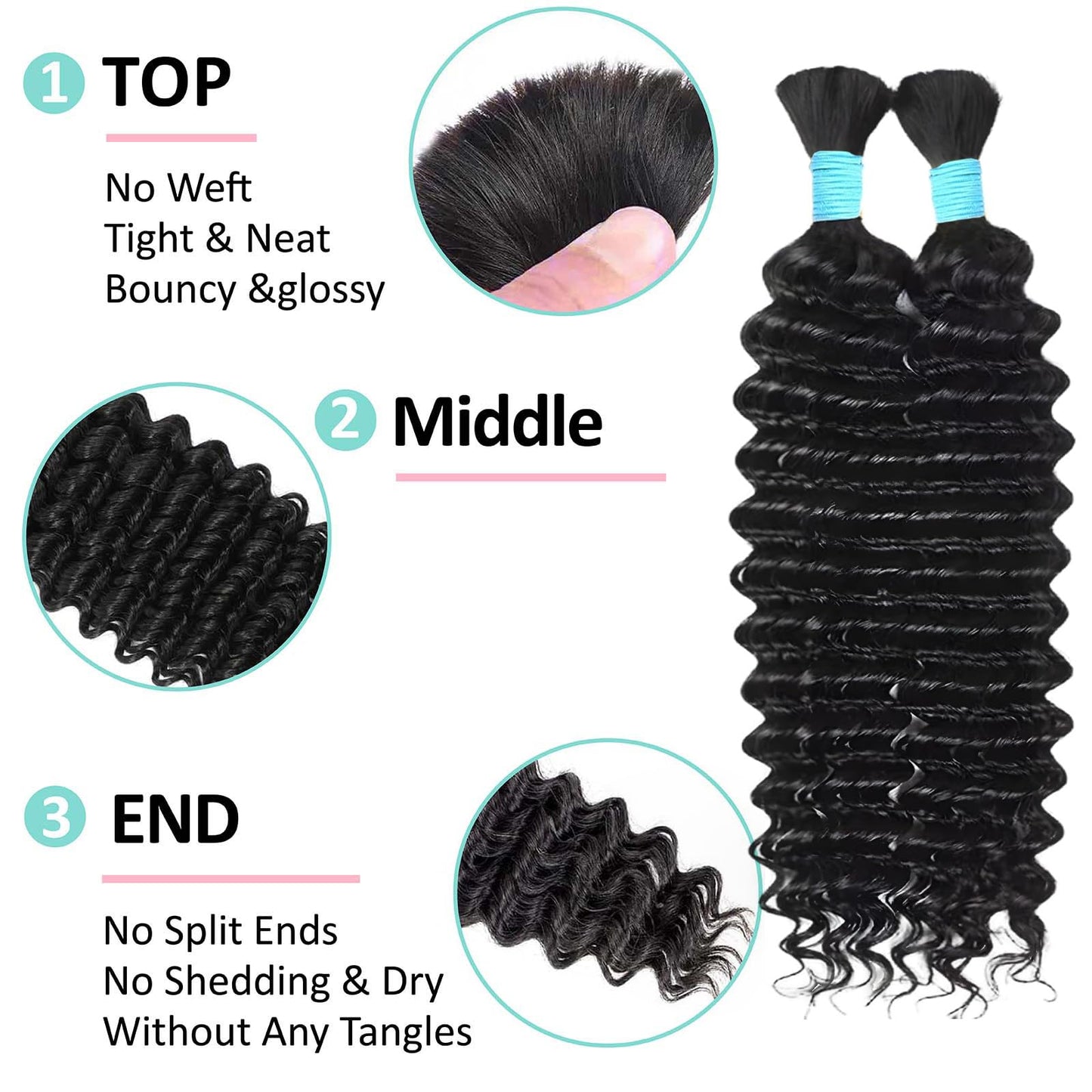 Boho Human Braiding Hair 14 Inch for Knotless Braids - 2 Bundles 100g Deep Wave Bulk Curly Hair (Natural Color)