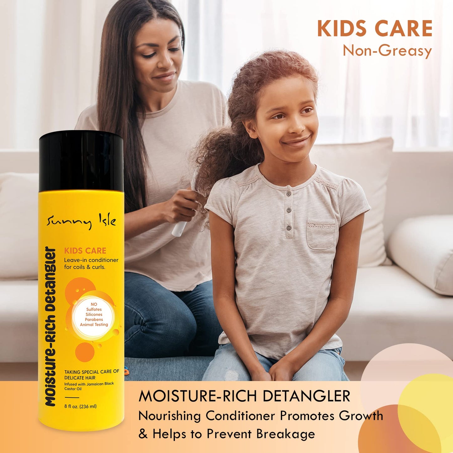 Sunny Isle Kids Care Moisture-Rich Leave-In Detangler - Gentle, Non-Greasy, Jamaican Black Castor Oil - 8 oz