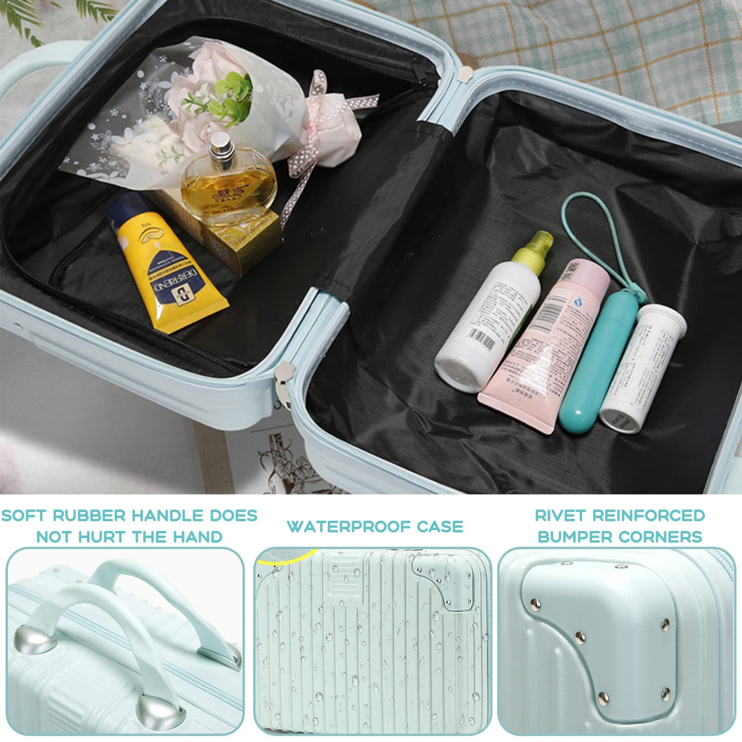 HAHONIA 14 Inch Makeup Travel for Women Girl,11L Hard Shell Vanity Cases with Elastic Band and Zipper, Portable Waterproof ABS Cosmetic Case for Travel