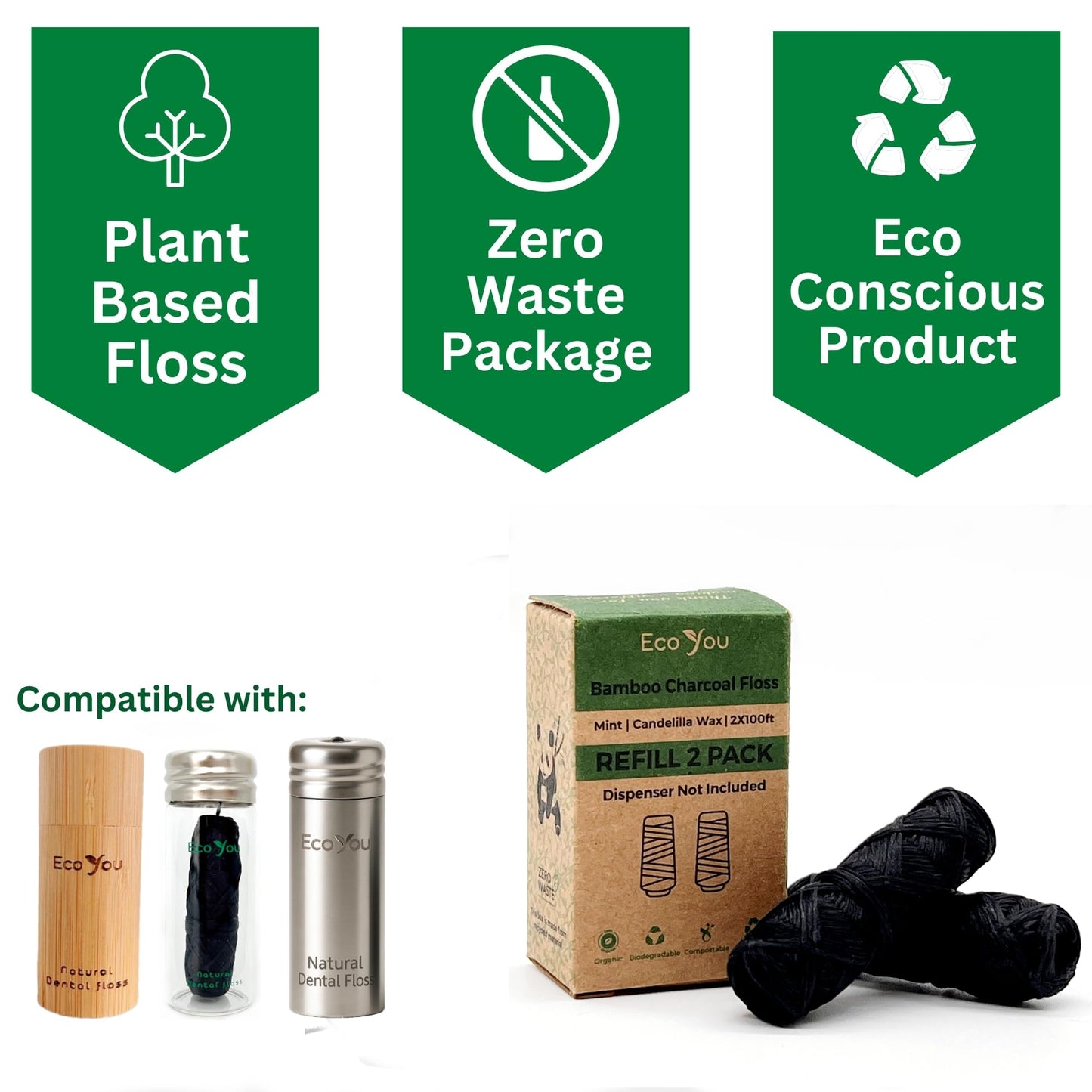 EcoYou Bamboo Charcoal Dental Floss | Mint & Candelilla Wax | Vegan & Biodegradable