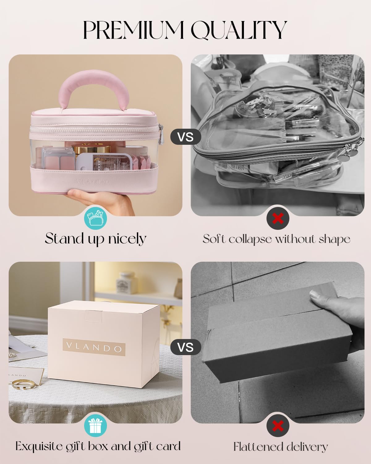VLANDO Travel Makeup Bag, Large Travel Toiletry Bag for Women Girl, Waterproof Cute Cosmetic Bag with Handle, Clear Make up Bag for Cosmetic, Brushes, Skincare-Apricot Pink