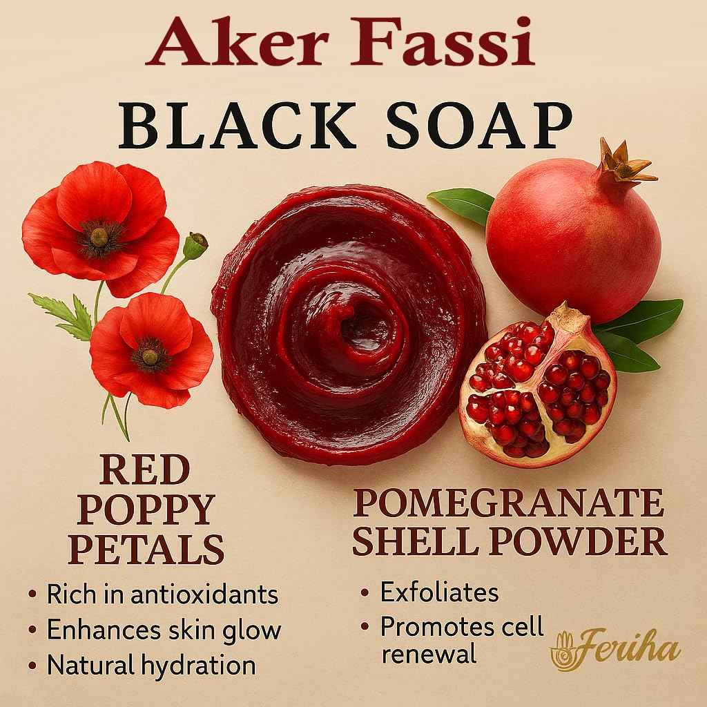 FERIHA Moroccan Black Soap with Aker Fassi – Red Poppy Petals & Pomegranate Shell – 100% Natural Artisan Beldi Hammam Soap for Radiance, Skin Firming & Deep Cleansing – Sourced & Crafted in Morocco