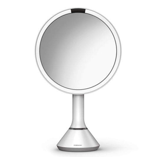 simplehuman 8" Round Sensor Makeup Mirror with Touch-Control Brightness, 5X Magnification, Rechargeable and Cordless, White Stainless Steel