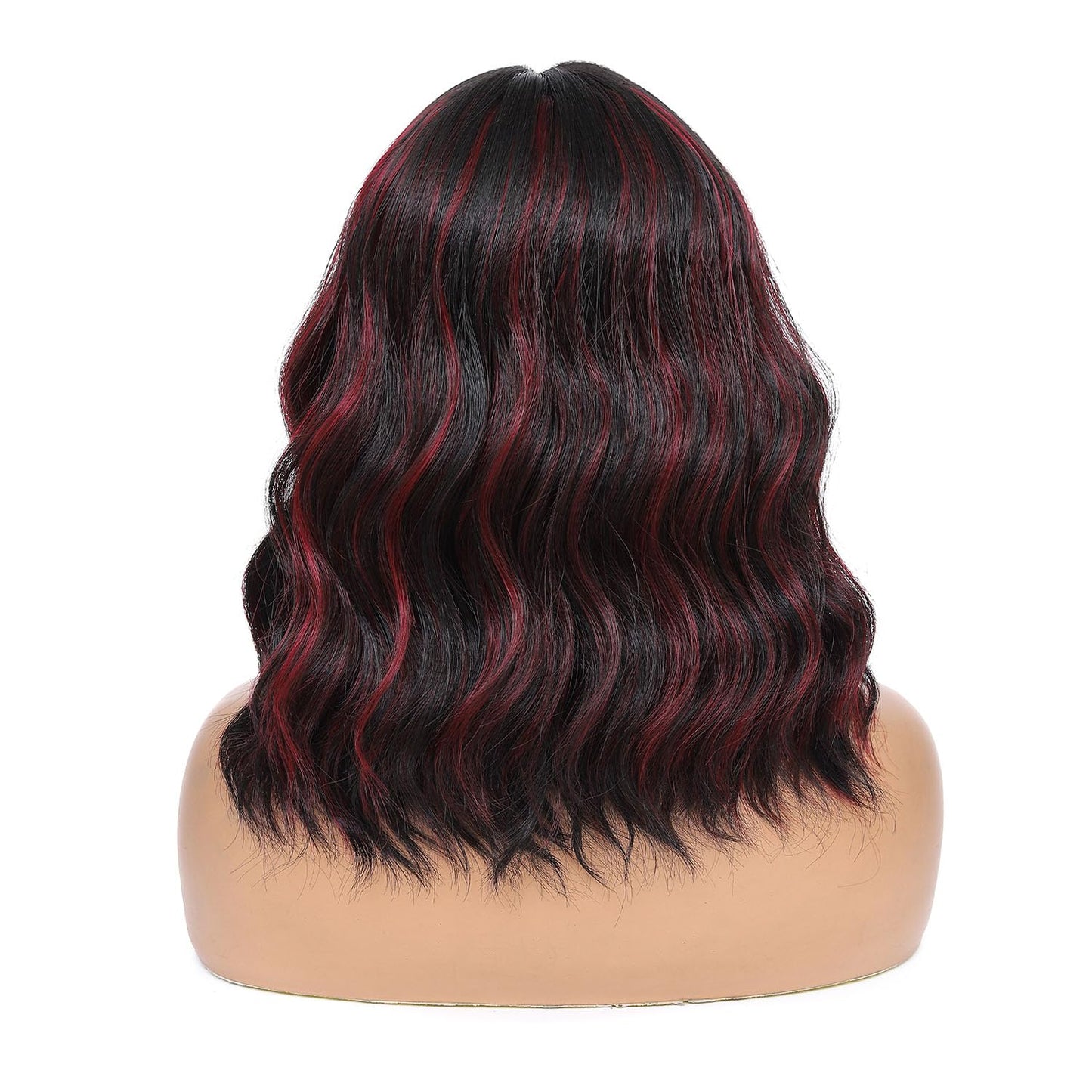 Rushinice Short Wavy Black Mixed Red Wig for Women, Lace Hairline Middle Part Bob Style Heat Resistant Synthetic Wigs Natural Looking for Daily Party 14 Inch